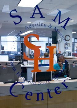 Sam Center logo on their window
