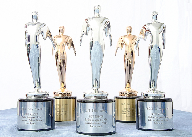 Sam Houston Telly Award trophies