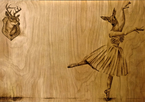 drawing on wood of a female dancer on pointe with a doe head instead of a human head; behind her is a buck head mounted on the wall, watching her dance