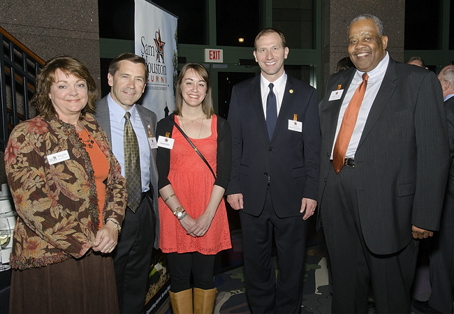 Rebecca Halbert Mohr, David Mohr, and Meredith Mohr posing with Texas Rep. Charles Schwrtner and VPSS Frank Parker at the Sam Houston birthday celebration