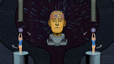 still from Ramsay-Morin's animation; a head in the middle of the screen with two figures on either side holding up spheres