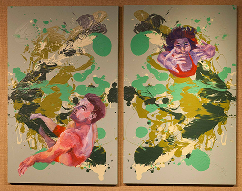 two canvases with several shades of green and gold paint and a man and woman that look like they're drowning