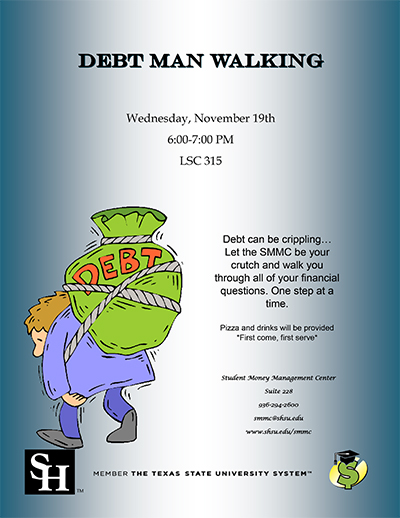 flier with image of a man with a bag strapped to his back with the word debt written on the bag