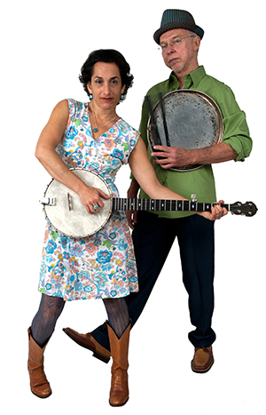 Edie Ladon holding a banjo and Keith Terry holding a drum