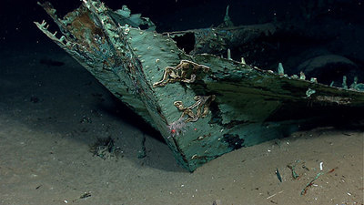 Rusted stern of the Monterrey wreck at the bottom of the ocean
