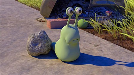 animated green snail without a shell sitting next to a rock on a sidewalk looking afraid