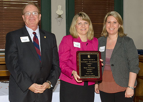 staff from University Advancement pose with their award plaque