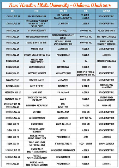 Welcome Week schedule