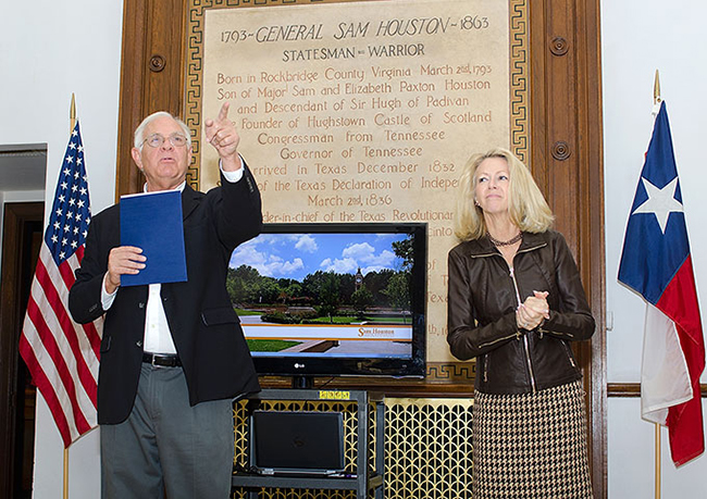 Mac Woodward and Dana Hoyt in the lobby of the Sam Housotn Memorial Museum