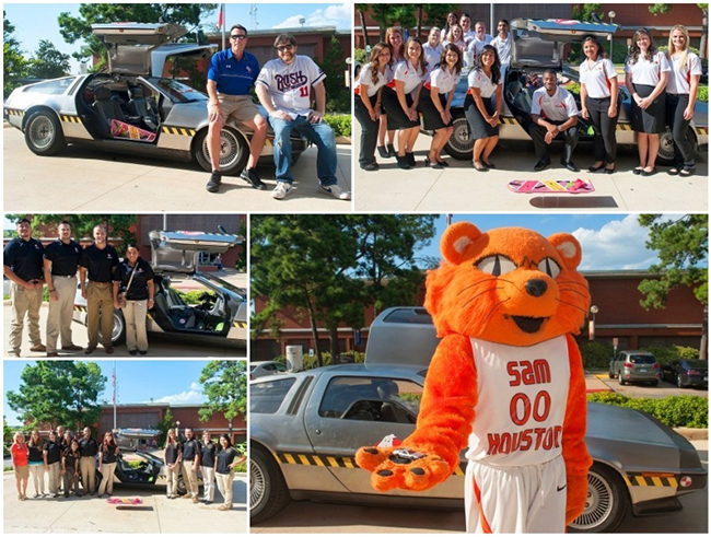 collage of students, faculty, staff, and Sammy the Bearkat in from of Cline's DeLorean