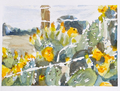 watercolor of cacti with yellow flowers