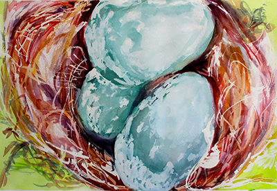 watercolor painting of a bird's nest with 3 blue eggs