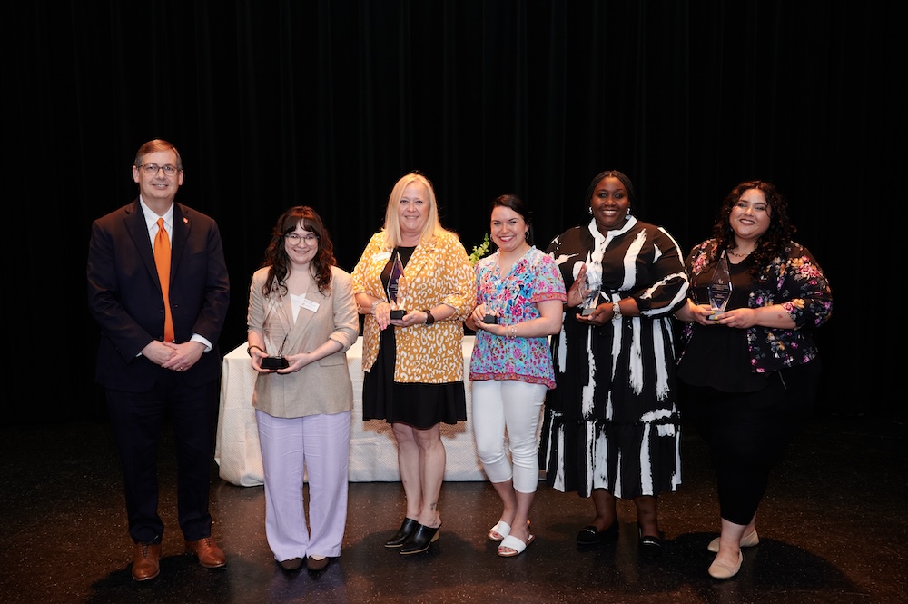From left: Provost Michael T. Stephenson, Taylor Morrison, Rhonda Owens, Kaci Moore, Aarianna Longino and Tracy Richardson.   