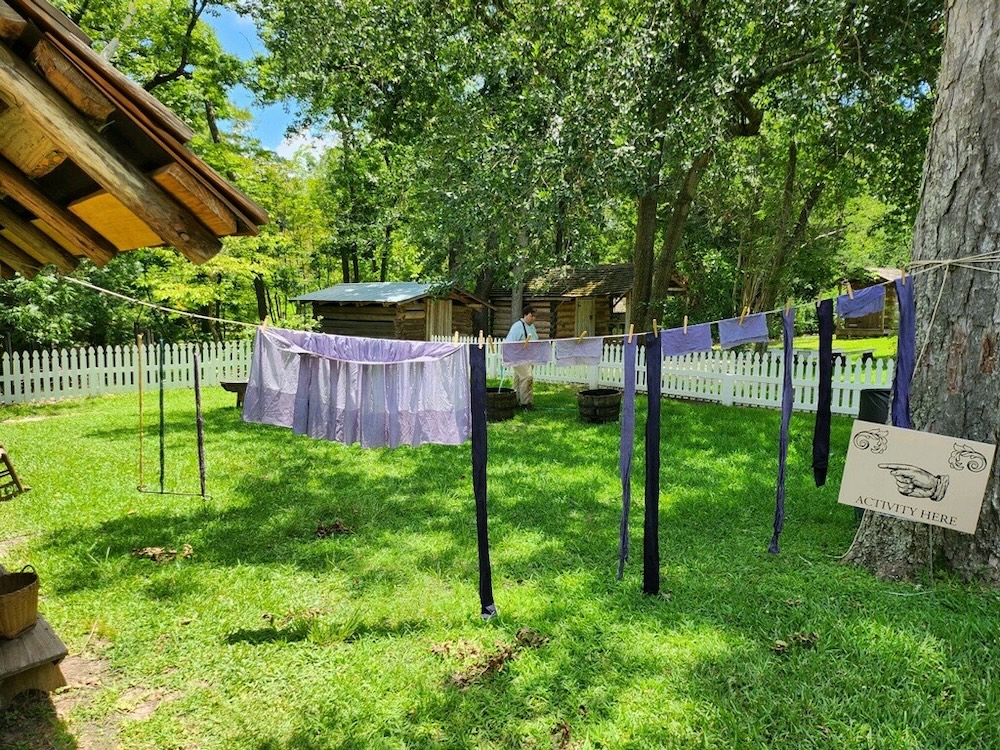 Dyed yarn and cloth hanging on line_Dye Day July 2023.jpg