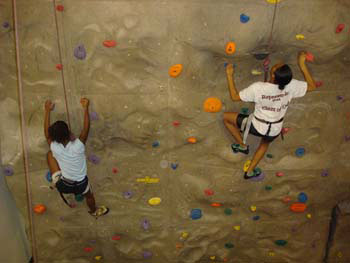 students on wall